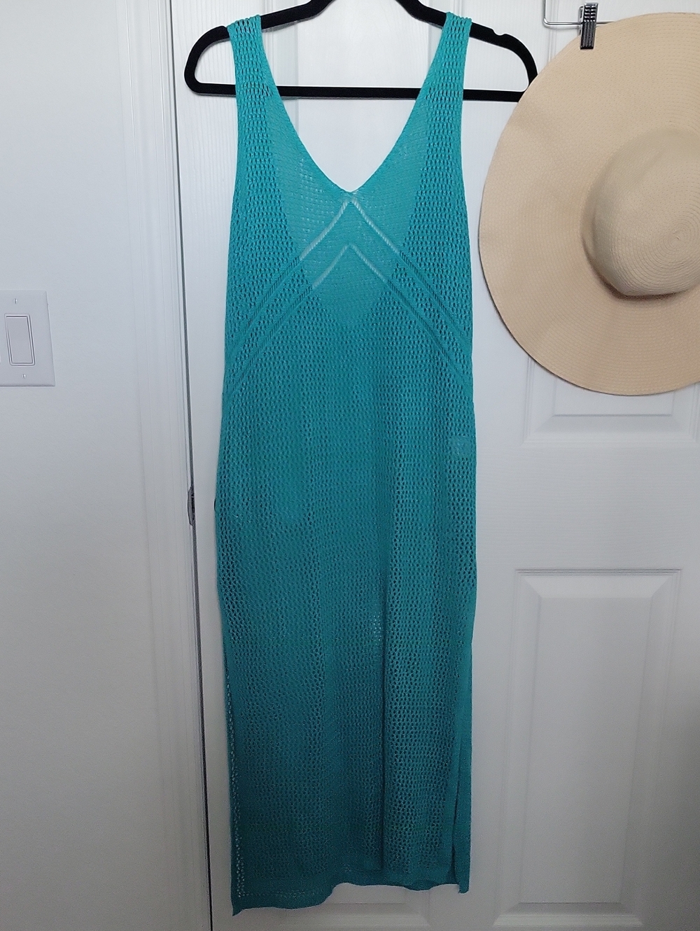 Pogtmm Turquoise Crochet Knit Maxi Dress Open Weave Cover Up XL